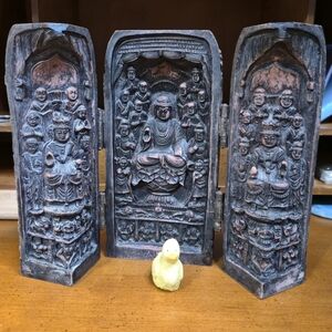 Ornate Chinese Buddhist Shrine Folding Box Intricate Carved Triptych Resin Cast